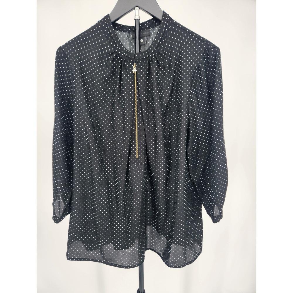 Worthington Womens 1X Blouse Black White Polka Dot Gold Half Zip 3/4 Sleeve Top